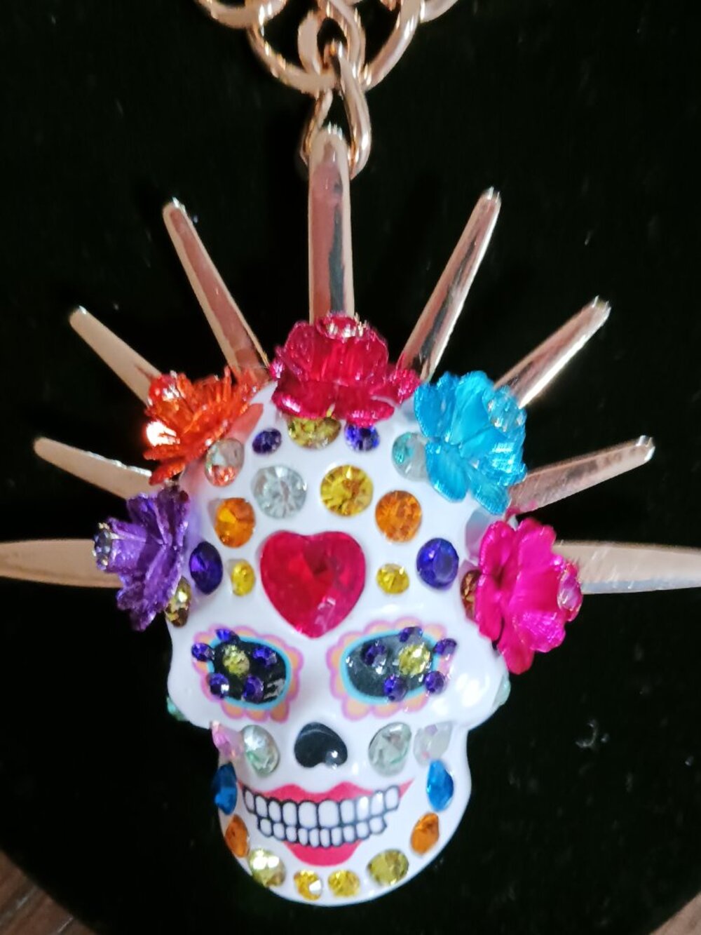 BETSY JOHNSON Gold Tone Necklace Sugar Skull Bride Pendant Crystal - Picture 2 of 4